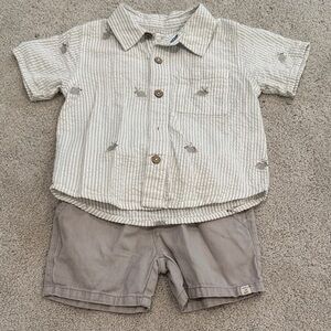 Striped Embroidered Bunnies Short-Sleeve Button Shirt in Cream & Tan + shorts